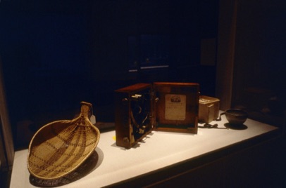 See-through vitrine with artifacts.